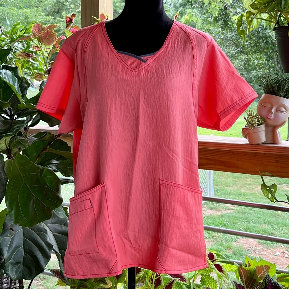 Coral and gray wink stretch scrub top